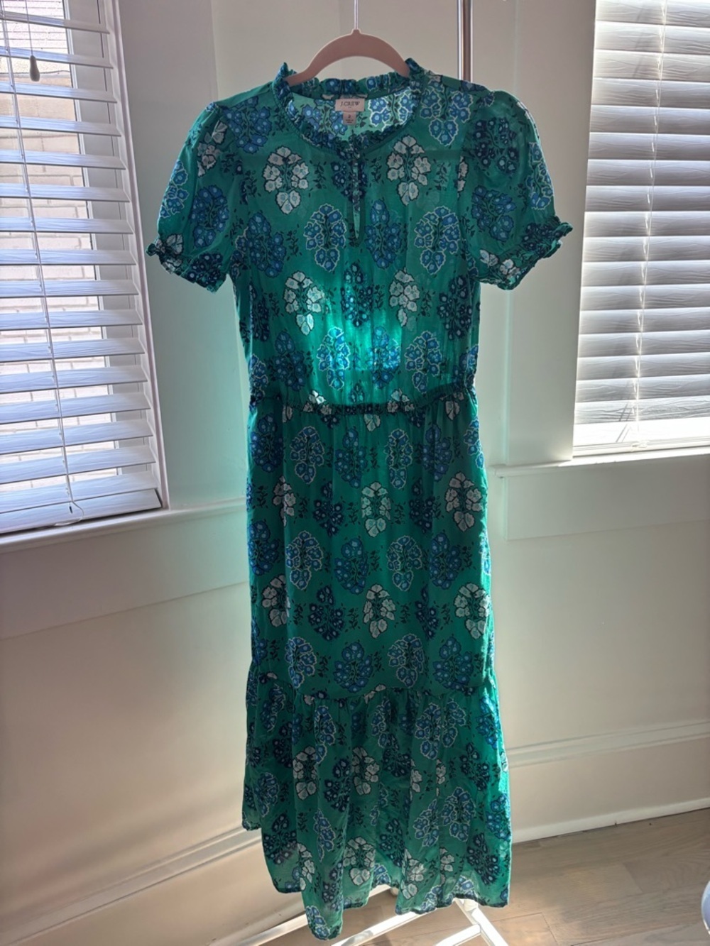 J.Crew Puff Sleeve Tiered Midi Dress Green Floral Medallion Print Size 2 - Picture 3 of 3